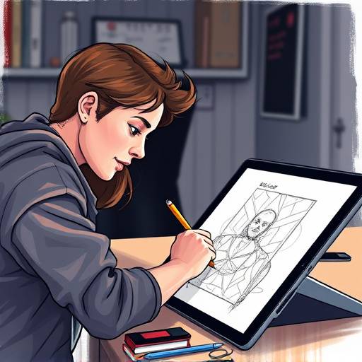 イラストレーターコースのイメージ。液晶タブレットでイラストを描く生徒の姿。